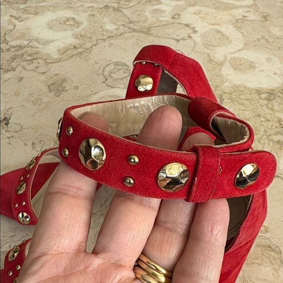 Maje Faria Red Suede Studded Chunky Heel Ankle Strap Sandals - Picture 10 of 14